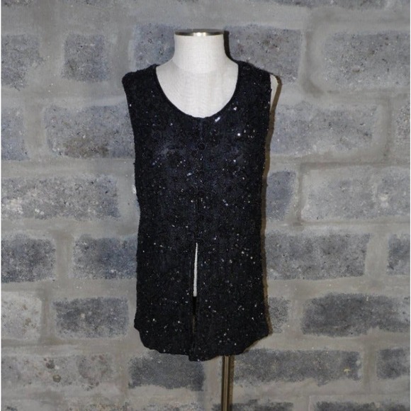 THEO MILES sz M black sequined beaded sleeveless blouse vest - Picture 1 of 7